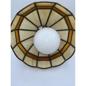 Vintage Stained Glass Lamp Shade Brown White Cream Hardware Huge Round Bulb